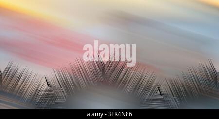 Abstract composition displaying central dark spiked motifs over a soft pastel background with pink, blue, and yellow gradients. Stock Photo