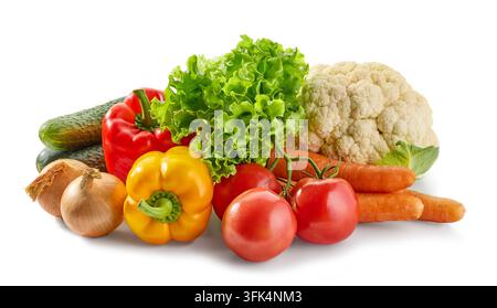 Fresh assorted vegetables including tomatoes, bell peppers, carrots, cucumber, lettuce, cauliflower and onions arranged together on a clean white back Stock Photo
