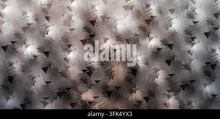 An abstract textured background featuring a blend of light and dark tones, accented by glowing light flares and scattered black geometric triangle sha Stock Photo