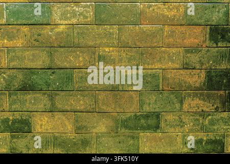 High resolution full frame texture of an old weathered brick wall with natural green moss and yellow tones, architectural background, Brazil Stock Photo