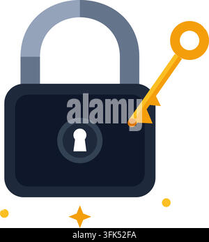 Flat vector illustration of an open padlock with a golden key inserted, symbolizing security and access on white background Stock Vector