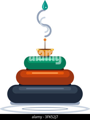 Flat vector illustration of stacked yoga stones with a lit oil lamp and water drop symbolizing meditation and balance Stock Vector