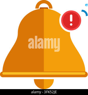 Orange notification bell icon with red alert badge and exclamation mark on white background Stock Vector
