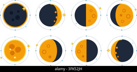 Set of eight flat vector icons showing moon phases with craters and stars on white background Stock Vector