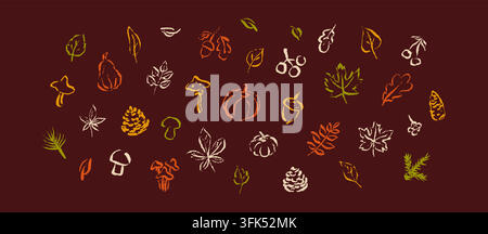 Childish autumn freehand drawn chalk scribbles on the blackboard. Autumn crayon sketch rustic pastel color design elements. Whimsical background for s Stock Vector