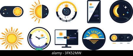 Vector icon set of sun and moon day night mode toggle switches for mobile and web app user interface design Stock Vector