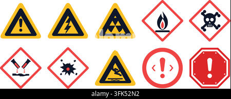 Set of flat vector warning and hazard safety signs including electric, toxic, and flammable symbols isolated on white background Stock Vector