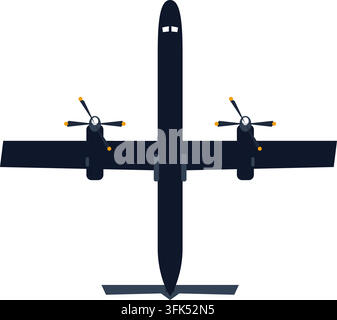 Top view vector illustration of a twin-engine propeller airplane with dark blue body and yellow propeller tips on white background Stock Vector