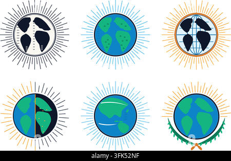 Set of six vector globe icons with sunburst rays and green continents on white background Stock Vector