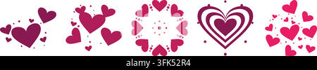 Set of pink heart vector illustrations with dots, clusters, and mandala patterns on white background for Valentine's Day design Stock Vector