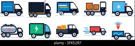 Set of flat vector delivery truck icons including cargo, refrigerated, tanker, and electric vehicles on white background Stock Vector