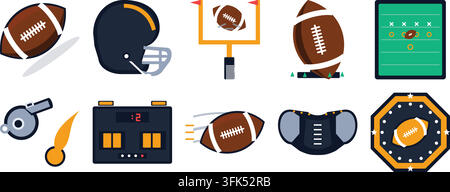 American football icon set vector illustration with ball, helmet, whistle, scoreboard, and field diagram on white background Stock Vector