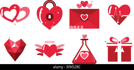 Set of eight red heart vector icons including love lock, envelope, gift box, potion, and wings, isolated on white background Stock Vector