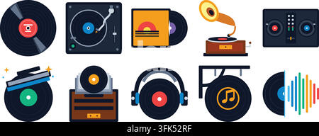 Vector illustration set of music icons including vinyl records, turntable, gramophone, and headphones on white background Stock Vector