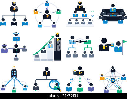 Vector set of business organization charts, team hierarchy, and management structure icons on white background Stock Vector