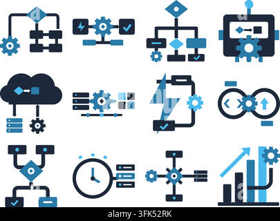 Set of flat vector icons for business process, workflow, gears, cloud, and data analysis on white background Stock Vector