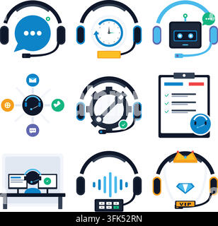 Customer support headset icons set, flat vector illustration of call center, communication, and service concepts Stock Vector