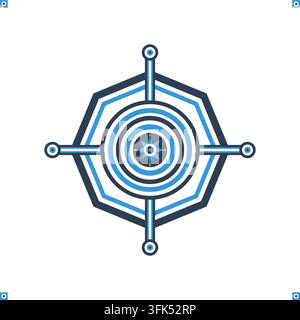 Modern hexagonal radar icon with concentric circles and crosshair, blue and navy vector illustration on white background Stock Vector
