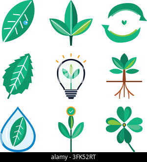 Set of nine green eco-friendly vector icons featuring leaves, plants, recycling, and water drop on white background Stock Vector