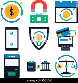 Set of nine flat vector icons for digital finance, banking, and money transfer on white background Stock Vector