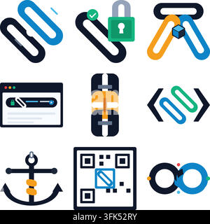 Set of nine modern flat vector icons featuring paper clips, locks, and digital symbols on white background Stock Vector