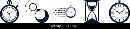 Vector illustration of time management icons including stopwatch, hourglass, and clock, isolated on white background Stock Vector
