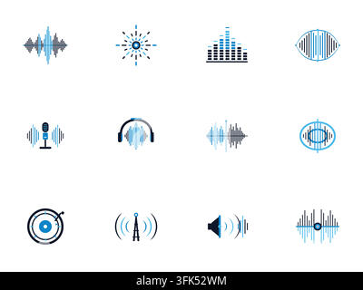 Set of twelve audio and sound wave vector icons in blue and black, featuring microphones, headphones, and speakers on white background Stock Vector