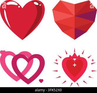 Set of four red heart vector icons in flat, low-poly, and outline styles on white background Stock Vector