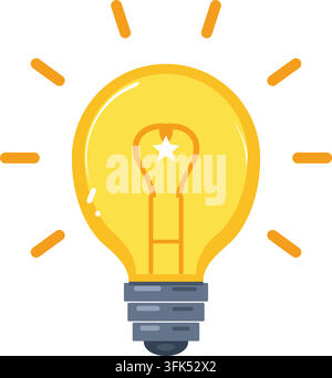 Yellow light bulb icon with star filament and radiating lines on white background Stock Vector