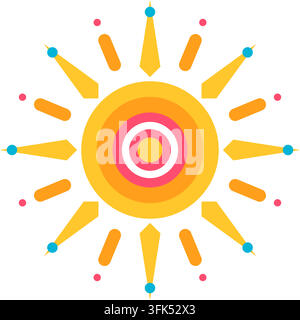 Colorful flat vector illustration of a stylized sun with radiating rays and geometric accents on white background Stock Vector