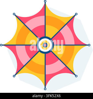 Colorful open umbrella icon vector illustration, top view, pink and yellow canopy, flat design, isolated on white background Stock Vector