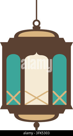 Flat vector illustration of a traditional hanging lantern with teal glass panels, brown frame, and Islamic geometric design on white. Stock Vector