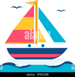 Colorful flat vector illustration of a sailboat with striped sails on blue ocean waves with flying birds Stock Vector