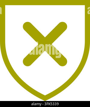 Olive green shield with cross mark vector icon, flat design symbol for security, error, or protection concept on white background Stock Vector