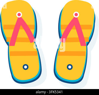 Colorful pair of yellow flip flops with pink straps, flat vector illustration, isolated on white background, summer beach footwear concept Stock Vector