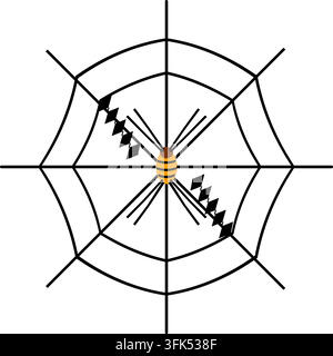 Vector illustration of a bee on a spider web with black and yellow stripes, isolated on white background, Halloween concept Stock Vector