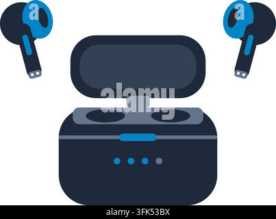 Flat vector illustration of wireless earbuds and charging case, modern tech gadget icon on white background Stock Vector