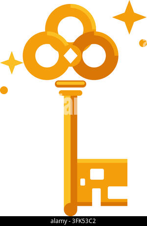 Orange vector illustration of a magic key with cloud-shaped head and sparkles, isolated on white background, symbol of solution and access. Stock Vector