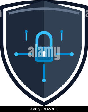 Blue padlock and shield vector icon with circuit lines, representing cybersecurity and data protection Stock Vector