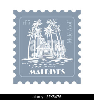 Maldives stamp vector postmark retro design island travel icon Male Atoll. Tropical vacation summer getaway vintage aesthetic. Tourism marketing Stock Vector
