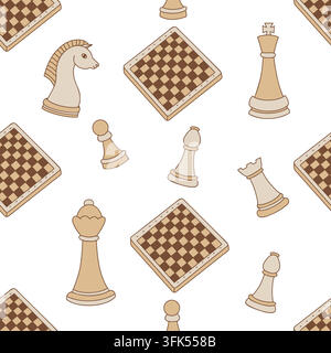 Chess Board Pieces Seamless Pattern. Strategy Game. Brown Figures King Queen Rook Bishop Knight Pawn Repeatable Texture on White Background. Vector Stock Vector