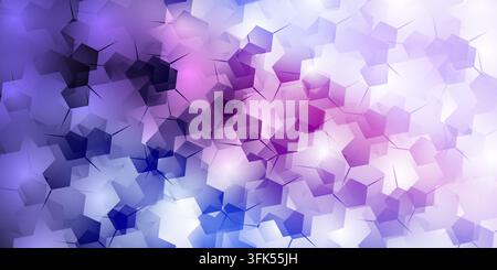 Abstract background featuring repeating pentagon and hexagonal geometric patterns with gradient purple, pink, and white glowing light effects. Stock Photo
