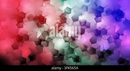 Vibrant abstract background featuring a colorful gradient of red, purple, green, and blue overlapping pentagonal shapes with glowing lights. Stock Photo