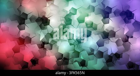 An abstract vector background featuring a pattern of interlocking geometric pentagons with a vibrant multicolored gradient transitioning through red, Stock Photo