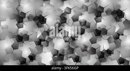 Dense abstract technological background featuring overlapping black, white and grey geometric polygon shapes with glowing light effects. Stock Photo