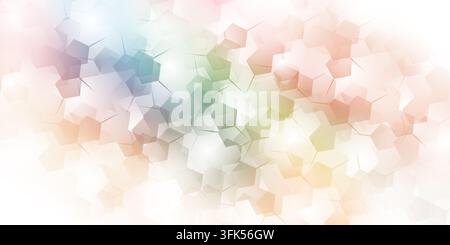 Seamless abstract colorful background featuring pastel overlapping translucent hexagonal shapes and delicate molecular network lines. Stock Photo