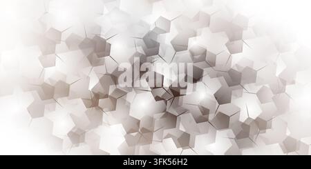 Abstract design featuring overlapping grey and white pentagon shapes with glowing highlights, creating a modern technological background. Stock Photo