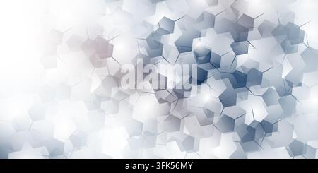 Abstract geometric pattern with overlapping translucent pentagonal and hexagonal shapes in shades of blue and white with light glows. Stock Photo