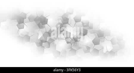 Monochrome abstract technological background featuring overlapping black and white geometric pentagon shapes, subtle lines, and soft lighting effects Stock Photo