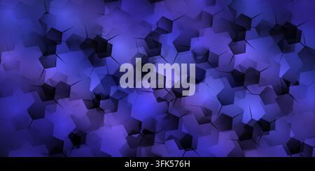 An abstract vector background featuring a pattern of overlapping hexagonal and pentagonal geometric shapes in dark blue and purple tones with glowing Stock Photo